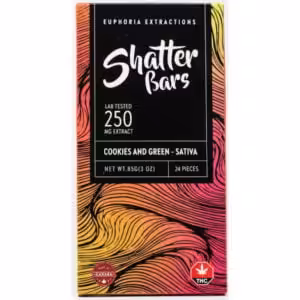 250 mg sativa cookies and green flavour shatter bar front