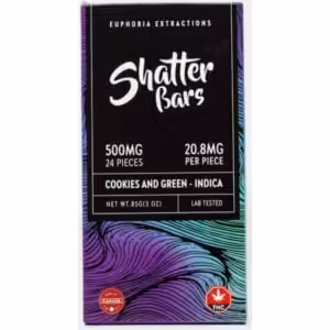 500 mg indica cookies and green flavour shatterbar front of package