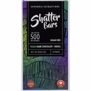 vegan dark chocolate 500 mg indica shatter bar front of package
