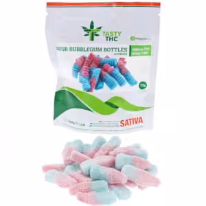 tasty thc fizzy gubble gum bottles package and candy in front