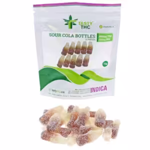 tasty thc coca cola bottles package with candy in front