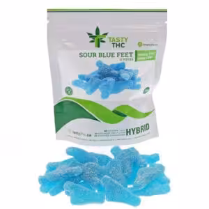 tasty thc sour blue feet package with candy in front