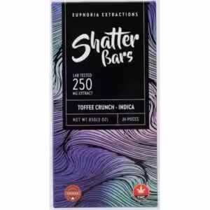 250mg thc toffee crunch flavour indica shatter bar front package