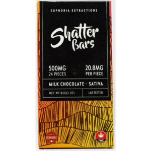 Chocolat au lait avec barre shatter sativa de 500 mg sur le devant de l’emballage