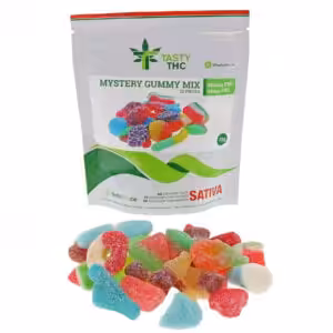 tasty thc mystery mix package with candy in front