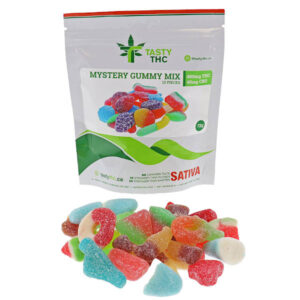 Savoureux paquet de mélange mystère de THC avec bonbons à l’avant