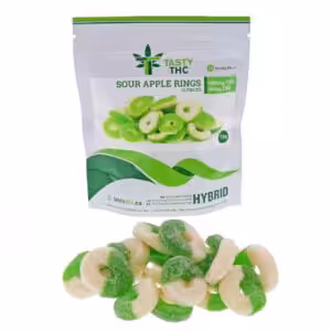 tasty thc sour apple rings package with candy in front