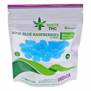 tasty thc sour blue raspberries package with candy in front
