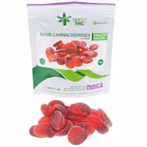 tasty thc sour cherry slices package with candy in front