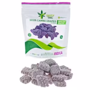 tasty thc sour grapes package with candy in front