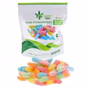 tasty thc sour neon worms package with candy in front