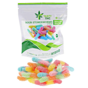 Paquet de délicieux vers au néon aigre au THC avec bonbons à l’avant