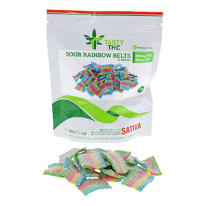 Savoureux paquet de ceintures arc-en-ciel aigre au THC avec bonbons à l’avant