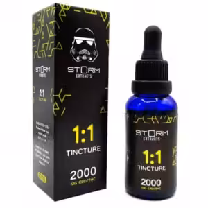 storm extracts 1:1 2000mg cbd thc tincture packaging and bottle