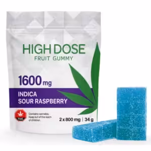 high dose sour rasbperry 1600 mg fruit gummies and package