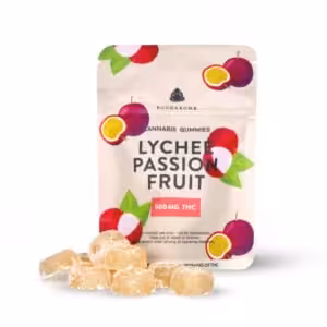 buudabomb lychee-passionfruit flavoured gummies with 500mg THC