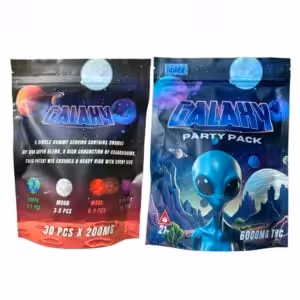 back and front of packaging of galaxy party pack gummies